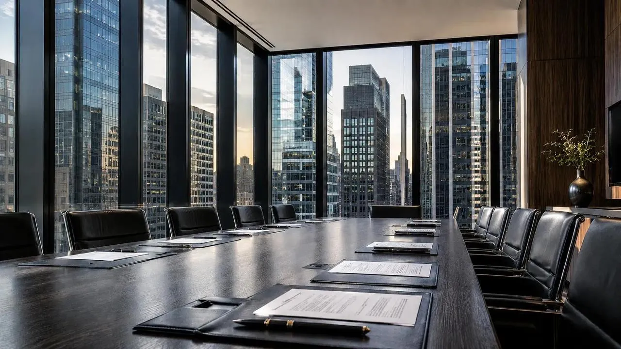Sala de reunião com mesa escura comprida, cadeiras de couro e janelas do chão ao teto com vista dos prédios